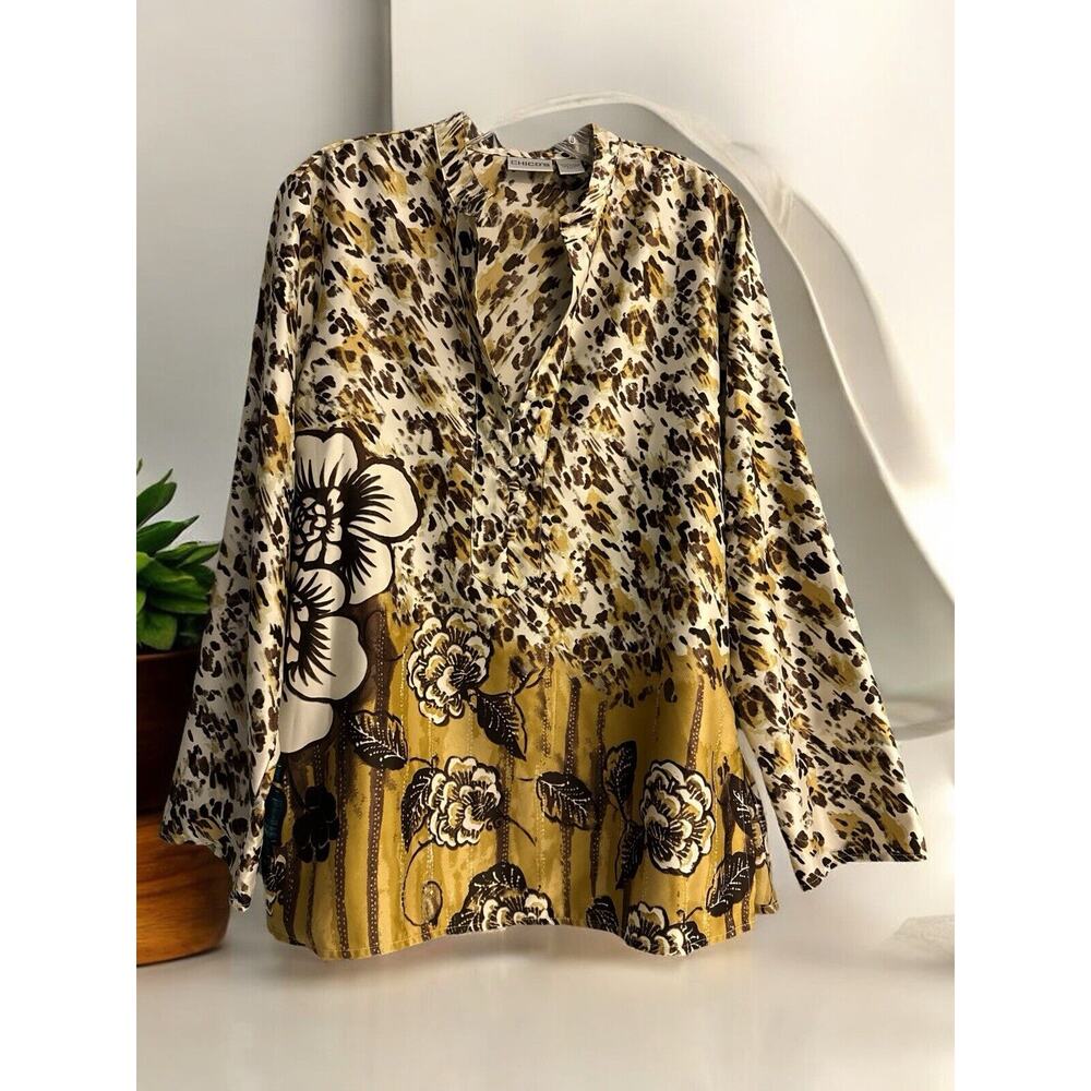 Chico's Blouse Size (2) L 12 Long Sleeve Floral Polyester Womens‎ Shirt